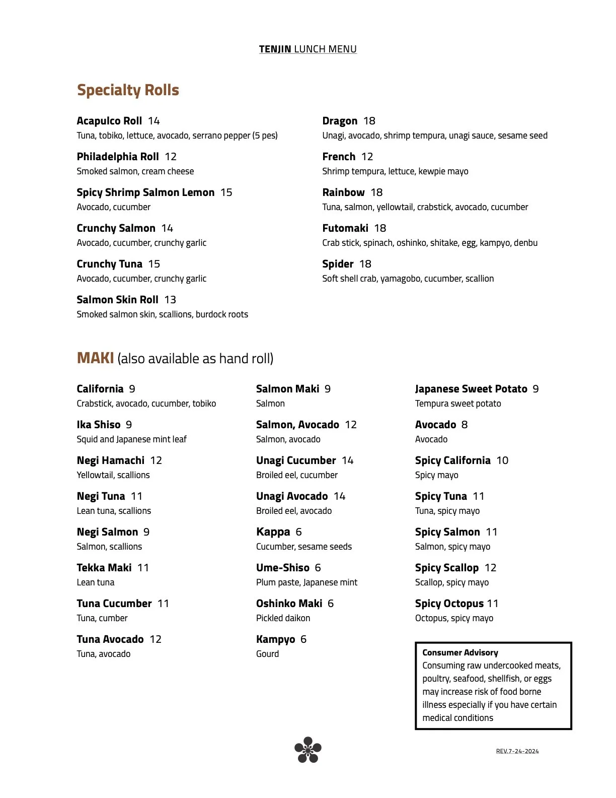 Lunch menu — Tenjin Restaurant | Lincolnwood Japanese Restaurant